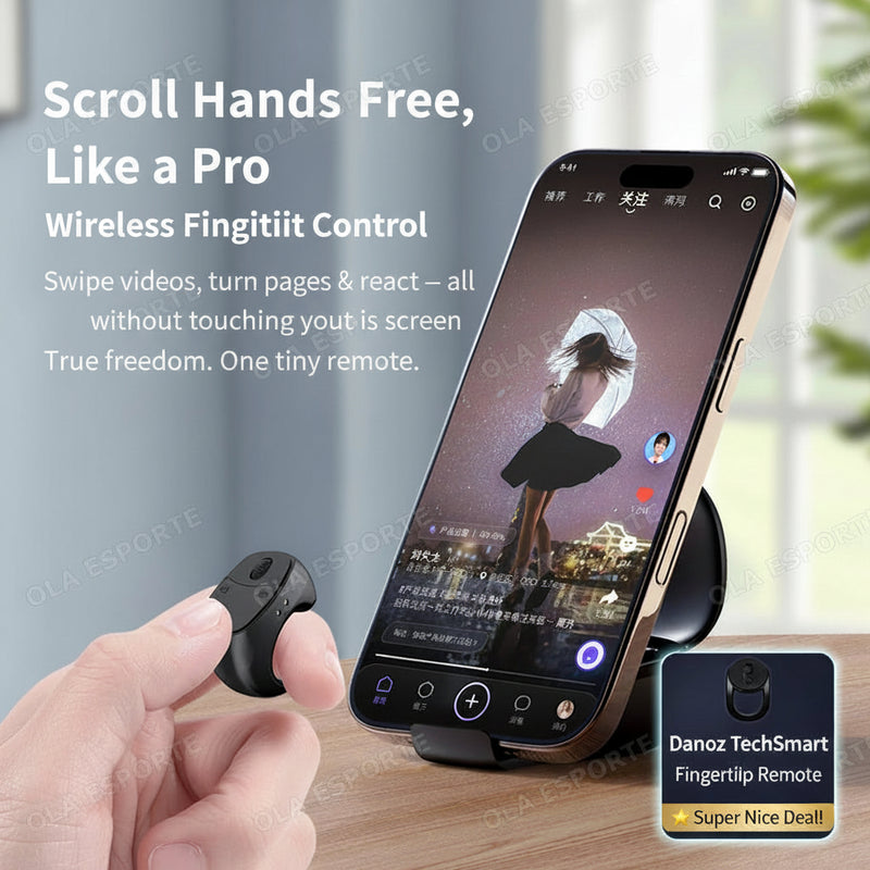 Hand holding a small device next to a smartphone on a wooden surface with text describing its functions.