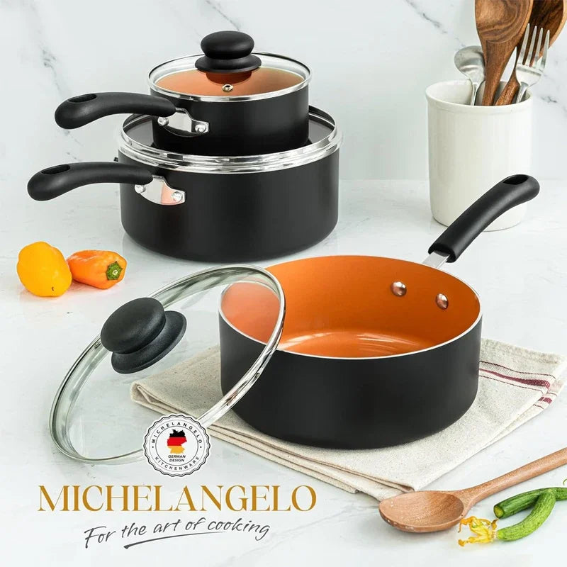 Danoz CookSmart CopperChef MICHELANGELO Ceramic Saucepan Set 3Pcs 1.5QT/2QT/3QT Nonstick Sauce Pans with Lids Multipurpose Pots!