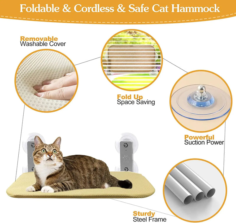 Danoz Pets 🐈‍⬛ - Foldable Cat Window Perch Cordless, with 4 Strong Suction Cups Windowsill Cat Beds Seat for Indoor Cats Inside