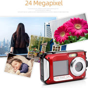 A red and black waterproof digital camera shown in a collage-style promotional graphic with the text '24 Megapixel' at the top and sample photos including a city view, flowers, a sleeping child, and a house.