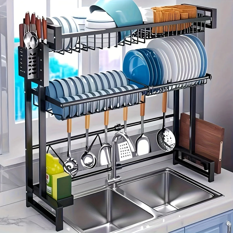 Danoz KitchenSorted - Adjustable black metal kitchen or laundry, rack for over the sink - 1 or2-layer expandable dishwasher rack with cutlery rack. Free Postage