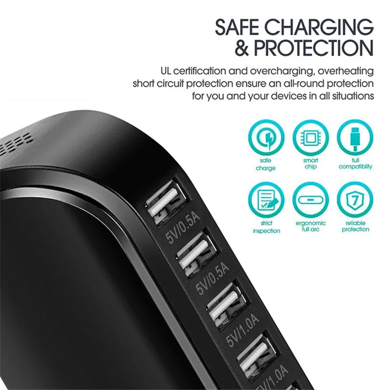 Danoz ChargeSmart - 30W Fast Multi 6 USB Port Hub Charger Desktop Quick Charging Dock Station Home Multiple Travel Adapter Wall Socket