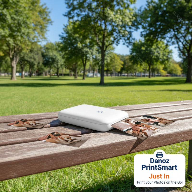White portable photo printer on a beige surface with printed photos of people and a dog.
