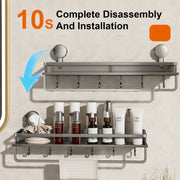 Bathroom shelf with hooks and products on a beige wall, showing 10-second disassembly and installation.