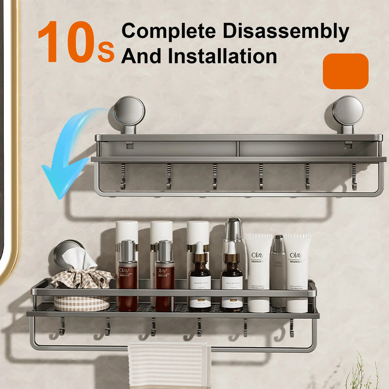 Bathroom shelf with hooks and products on a beige wall, showing 10-second disassembly and installation.