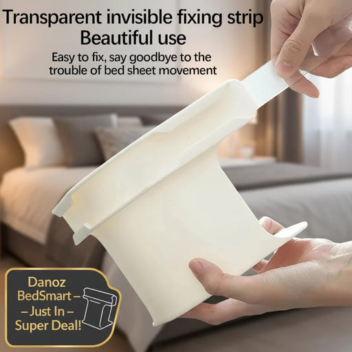 Transparent invisible fixing strip being used on a bed sheet with text describing its use.