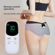 A woman wearing a gray and black waist slimming device on her lower back, shown from the back with promotional text on the left and a close-up of the remote control.