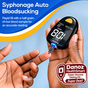 Digital blood glucose meter being used with text about syphonage auto bloodsucking.