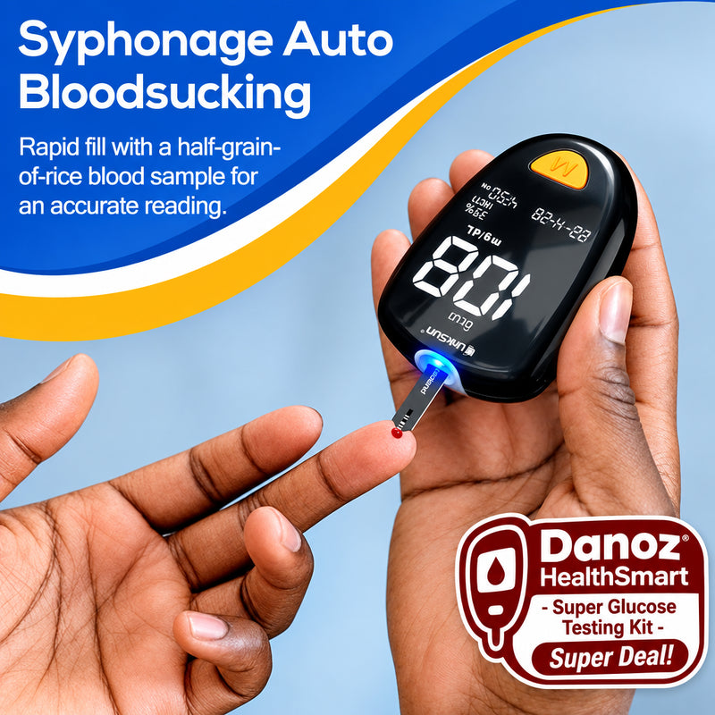 Digital blood glucose meter being used with text about syphonage auto bloodsucking.