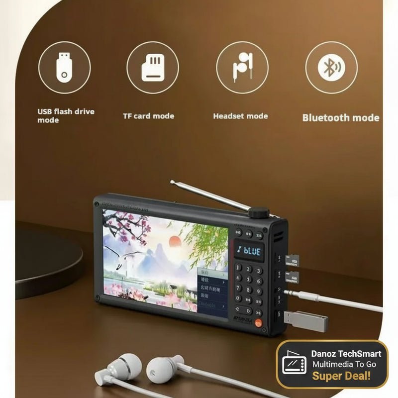 A portable black radio receiver with a colorful screen, dual antennas, and USB/TF card ports, shown on a brown background with feature icons for USB flash drive mode, TF card mode, headset mode, and Bluetooth mode. White earbuds are placed in front, and the text 'TXLCR' is visible as a watermark.