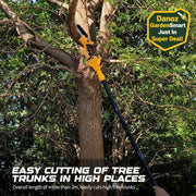 Tree pruner cutting a tree trunk with text about its capabilities.