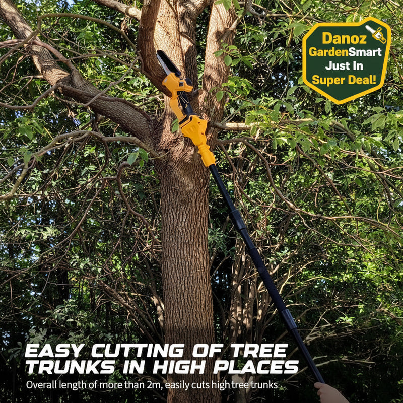 Tree pruner cutting a tree trunk with text about its capabilities.