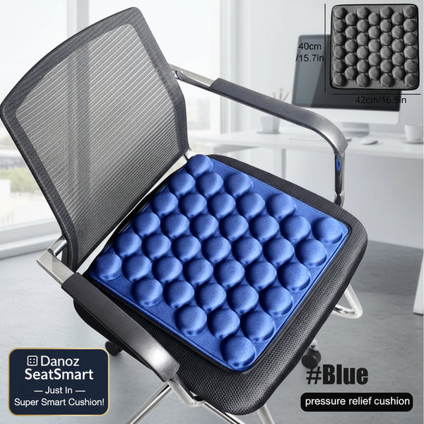 Blue pressure relief cushion on a chair with dimensions and color code displayed.