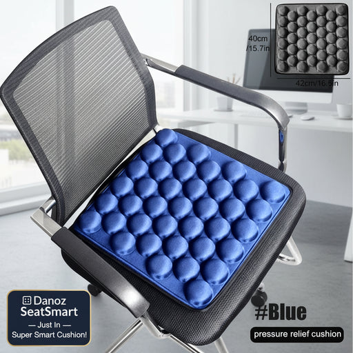 Blue pressure relief cushion on a chair with dimensions and color code displayed.