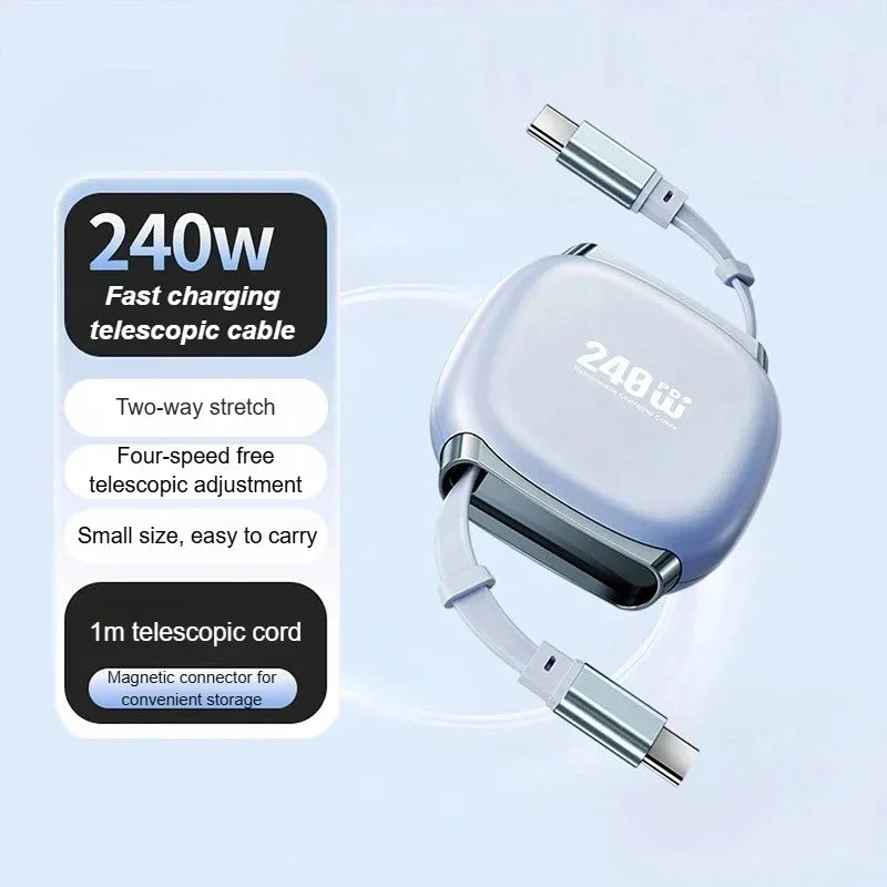 ⚡ Danoz USBSmart | 240W Retractable Fast Charging Cable | USB-C to C | 5A | Auto-Coiling | Travel Ready | Phone, Tablet & Laptop | White, Black & Blue