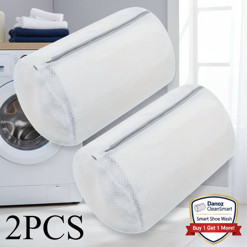 Two cylindrical white shoe bags with a black '2PCS' label on a white background