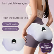 A butt patch massager shown on a model from the back, with a matching product cutout displayed at lower left. The device is white with a small digital control panel and text overlays reading 'butt patch Massager,' 'Train the buttocks line,' 'Top 10 modes,' and 'Level 30 intensity.