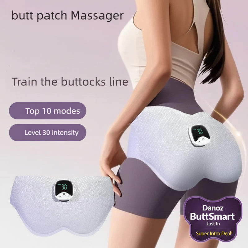 A butt patch massager shown on a model from the back, with a matching product cutout displayed at lower left. The device is white with a small digital control panel and text overlays reading 'butt patch Massager,' 'Train the buttocks line,' 'Top 10 modes,' and 'Level 30 intensity.