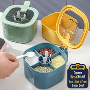 Spices container with compartments and a lid, showing spices inside.