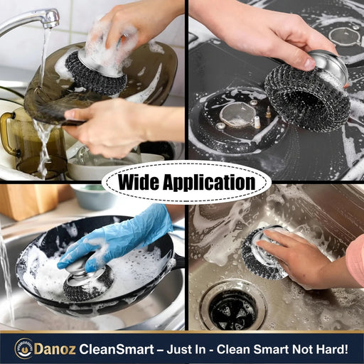 Collage of hands using a scrubber to clean various kitchen items with the text 'Wide Application'.