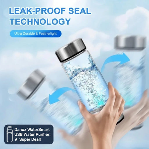 Bottle with sealing and leak-proof design, held by a hand against a light blue background.