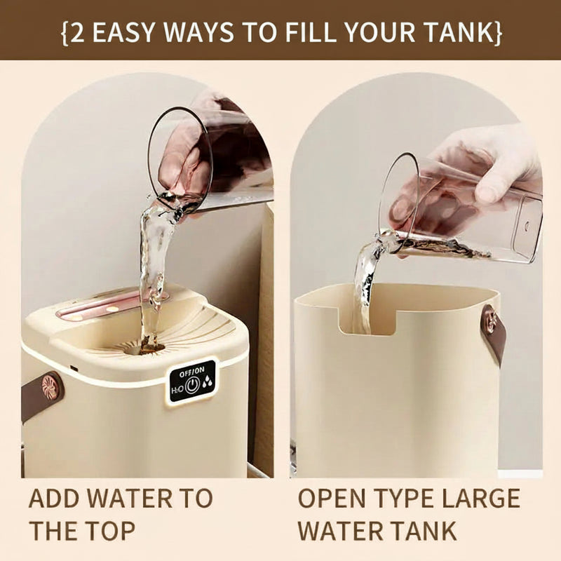 Two methods of water injection into a pet water fountain with text labels.