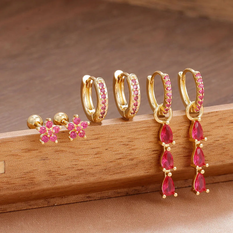 Danoz JewelrySmart - 6pcs Luxury Rose Red Zircon Stainless Steel Water Drop Hoop Earring For Women 14K Gold Plated Huggie Women's Piercing Jewelry