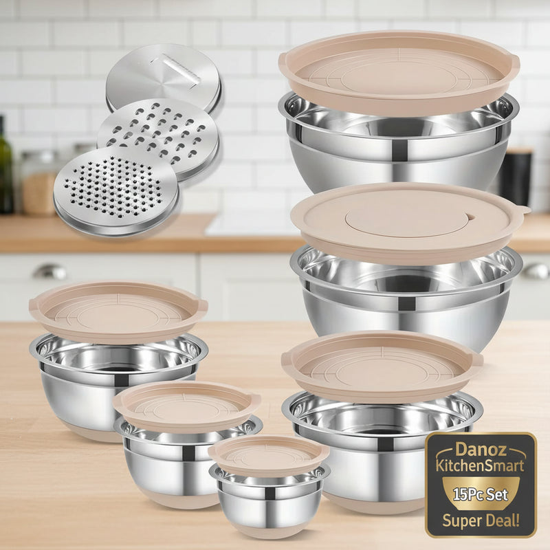Set of stainless steel mixing bowls with beige lids on a white background