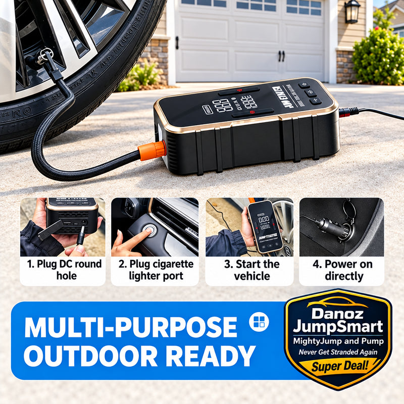 🚗 Danoz JumpSmart Pro | 12V Car Jump Starter & Air Compressor | Portable Tyre Inflator, Power Bank & SOS Light | Free Postage!