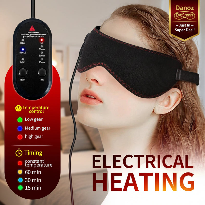 Person wearing an electrical heating eye mask with control panel on a white background