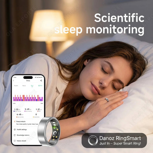Woman sleeping with a smartwatch and phone displaying sleep monitoring app in a bedroom setting.
