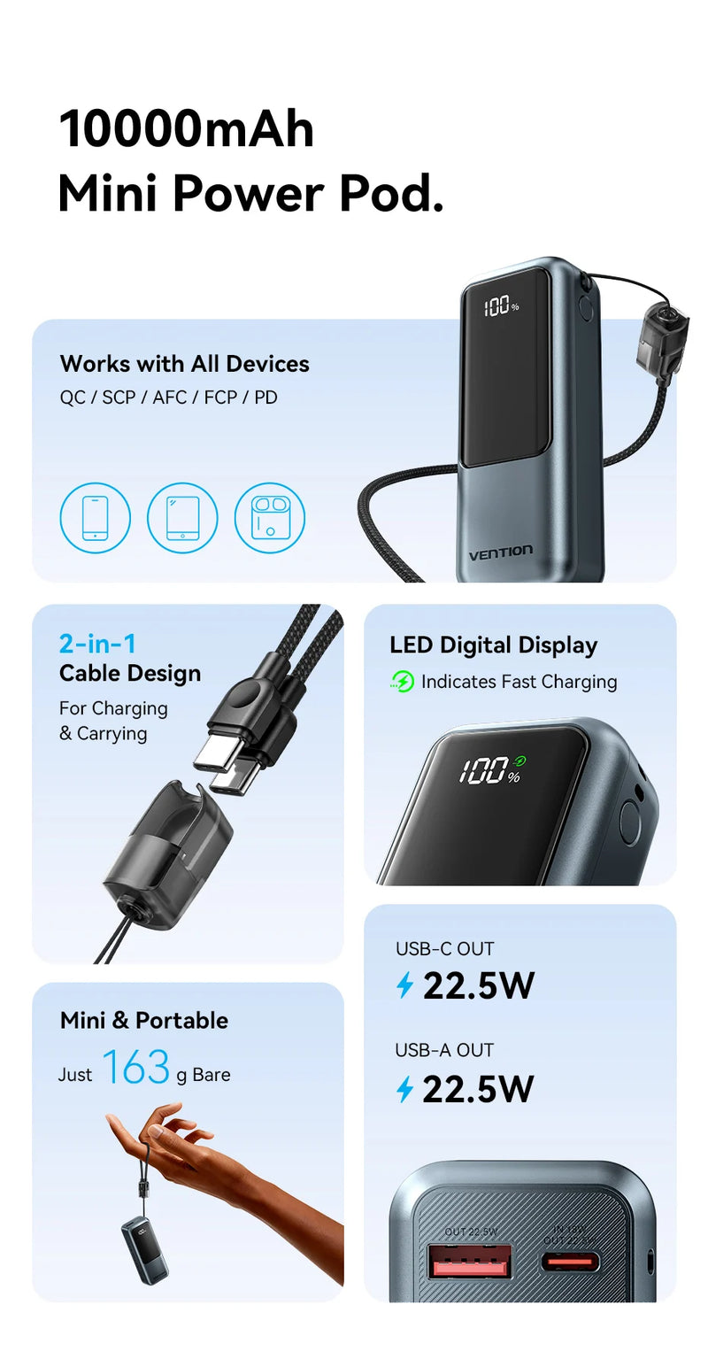 Danoz PowerSmart - Vention 10000mAh Mini Power Bank 22.5w Portable Charger Built-in USB C Cable PD 3.0 Fast Charging for iPhone 17 Samsung S25 S24 and others