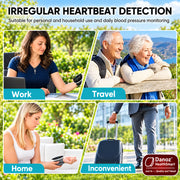 Advertisement for irregular heartbeat detection device with people at work, travel, and home.