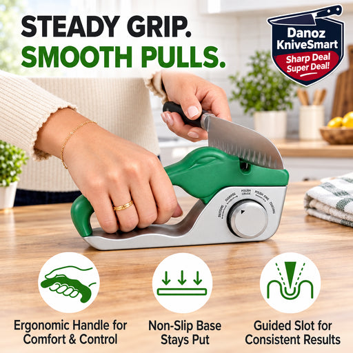 A kitchen hand tool with a green and silver body being pulled by a person's hands over a marble countertop. Large text at the top reads 'STEADY GRIP.