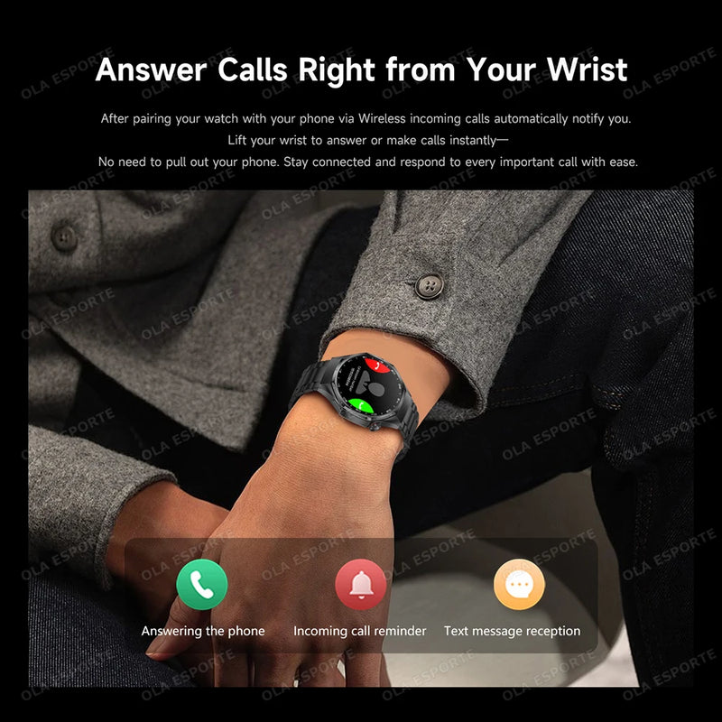 A smartwatch with a black strap and round black case is worn on a person's wrist, with overlaid marketing text about answering calls from the wrist and call icons at the bottom.