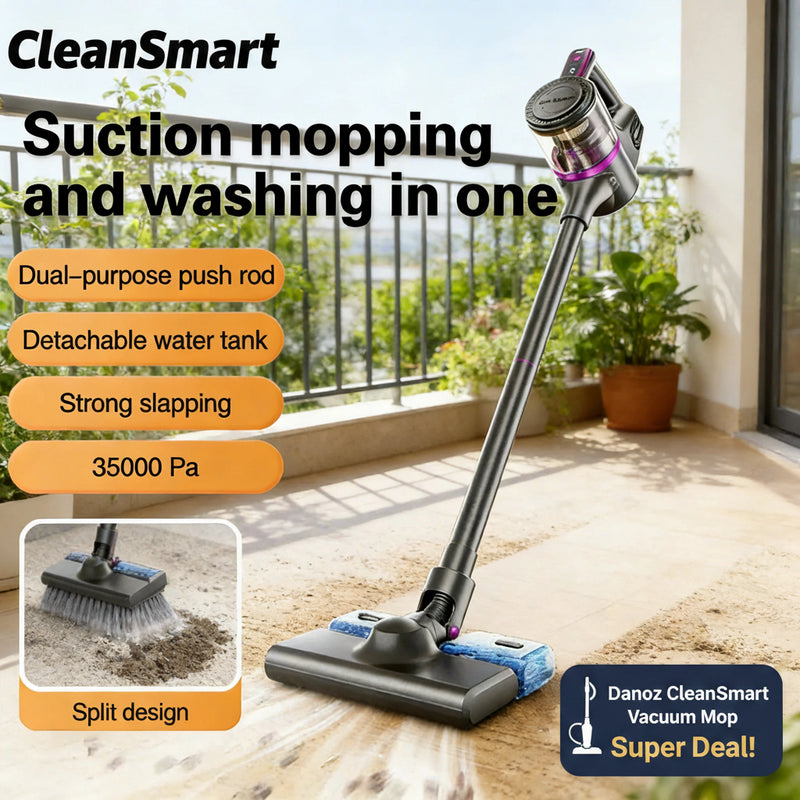 Tinsol vacuum cleaner with text highlighting features on a balcony.
