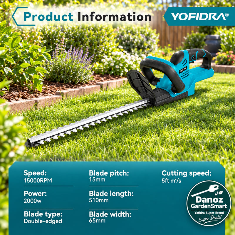YOFIDRA hedge trimmer with product specifications on a white background