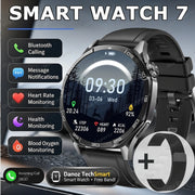 A smartwatch with a black strap and silver-toned case shown prominently on a dark promotional background. Large text at the top reads 'SMART WATCH 7,' and call/action icons along the left list features such as Bluetooth calling, message notifications, heart rate monitoring, health monitoring, and blood oxygen monitoring.