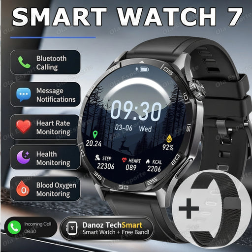 A smartwatch with a black strap and silver-toned case shown prominently on a dark promotional background. Large text at the top reads 'SMART WATCH 7,' and call/action icons along the left list features such as Bluetooth calling, message notifications, heart rate monitoring, health monitoring, and blood oxygen monitoring.
