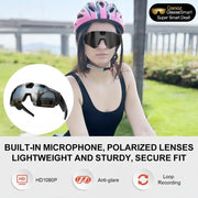 Person wearing a helmet and sunglasses with text about camera features
