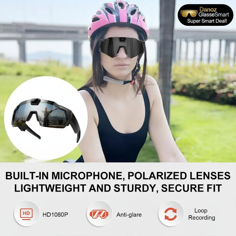 Person wearing a helmet and sunglasses with text about camera features