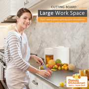 Woman in a kitchen using a large cutting board with text about a large work space.