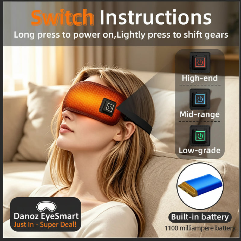 A woman reclining on a couch wearing an orange-red illuminated sleep mask with a black strap and a small control button. The image includes large text reading 'Switch Instructions,' feature callouts for high-end, mid-range, and low-grade versions, and a small inset showing a blue built-in battery.