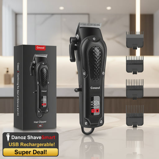 Cosoul hair clipper set with attachments and packaging on a white background