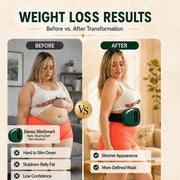 Before and after weight loss comparison graphic showing a woman wearing an abdominal slimming device around her waist. The left 'Before' panel shows her with a larger belly, and the right 'After' panel shows a slimmer waist with the device visible.