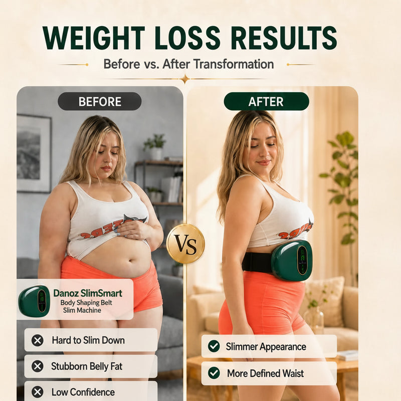 Before and after weight loss comparison graphic showing a woman wearing an abdominal slimming device around her waist. The left 'Before' panel shows her with a larger belly, and the right 'After' panel shows a slimmer waist with the device visible.