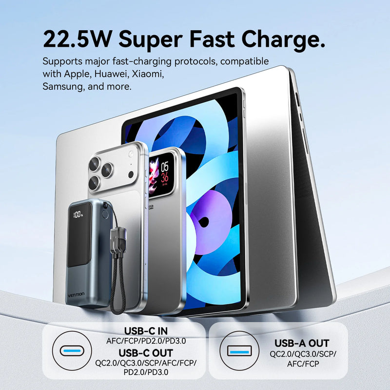 Danoz PowerSmart - Vention 10000mAh Mini Power Bank 22.5w Portable Charger Built-in USB C Cable PD 3.0 Fast Charging for iPhone 17 Samsung S25 S24 and others