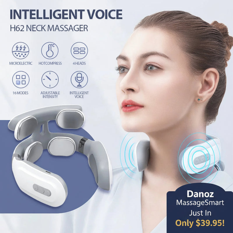 Neck massager with woman using it, featuring intelligent voice control and multiple massage modes.