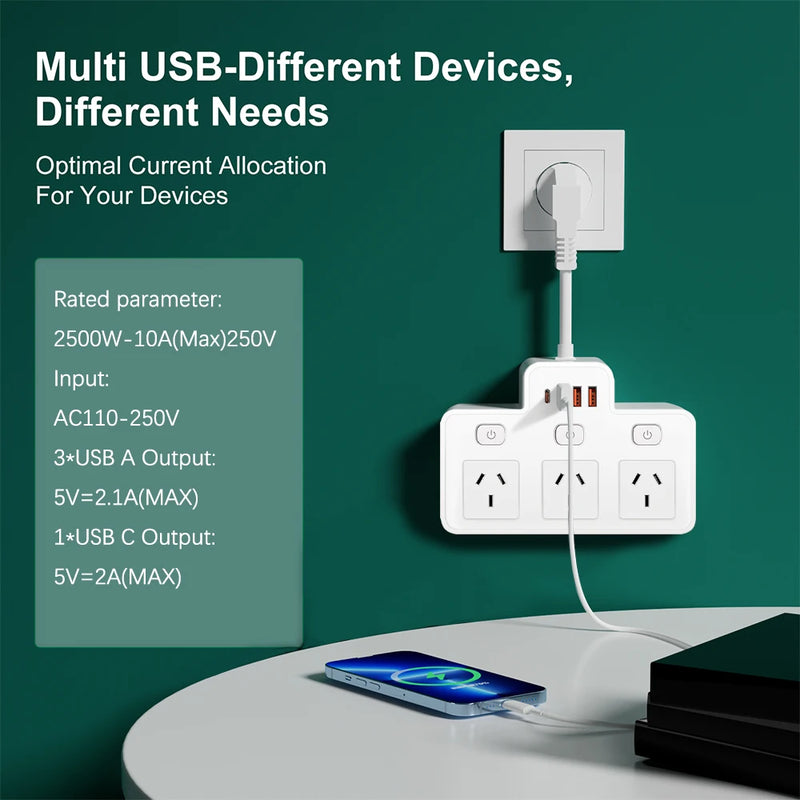 Danoz PowerSmart - Power Strip AU Multitap Wall Mounted Independent Switch Power Socket With USB C Charging Ports Network Filter Adapter - Buy 1 Get 1 Free!