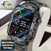 Smartwatch with AMOLED display and 420mAh battery indicator on a white surface.